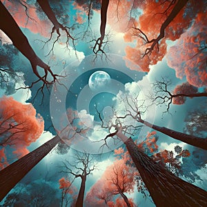 image of looking up the sky,moon is seen through the branches and leaves.