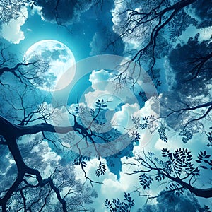 image of looking up the sky,moon is seen through the branches and leaves.