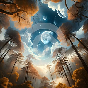 image of looking up the sky,moon is seen through the branches and leaves.