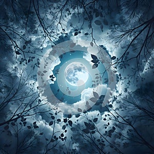 image of looking up the sky,moon is seen through the branches and leaves.