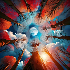 image of looking up the sky,moon is seen through the branches and leaves.