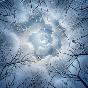 image of looking up the sky,moon is seen through the branches and leaves.