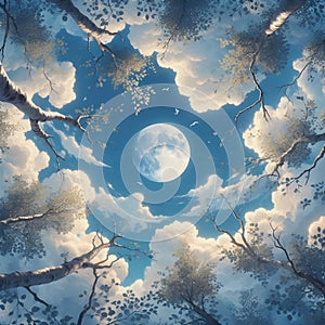 image of looking up the sky,moon is seen through the branches and leaves.