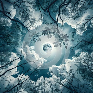 image of looking up the sky,moon is seen through the branches and leaves.