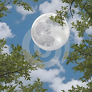 image of looking up the sky,moon is seen through the branches and leaves.