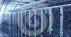 Image of looping binary codes in circular tunnel over bars on server racks in server room