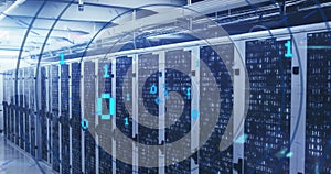Image of looping binary codes in circular tunnel over bars on server racks in server room