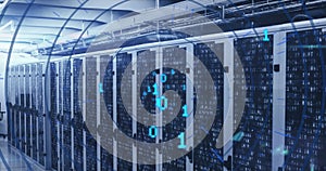 Image of looping binary codes in circular tunnel over bars on server racks in server room