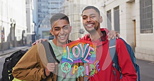 Image of love and pride over gay couple embracing on street