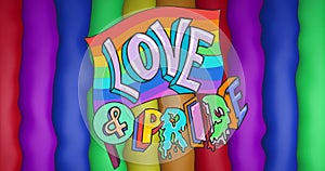 Image of love and pride text over rainbow flag and stripes and colours moving on seamless loop