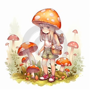 Image of a lovely little girl was gathering mushrooms generative AI