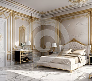 An image of a luxurious bedroom with a white marble floor, white walls, and gold accents.