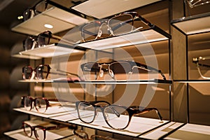 Image Luxury eyeglasses line the opticians store display stand