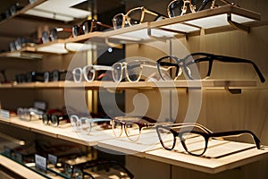 Image Luxury eyeglasses line the opticians store display stand