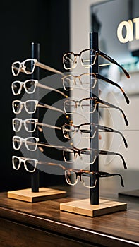 Image Luxury eyeglasses line the opticians store display stand photo