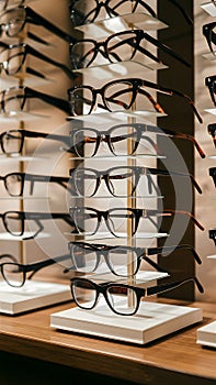 Image Luxury eyeglasses line the opticians store display stand photo