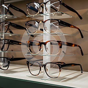 Image Luxury eyeglasses line the opticians store display stand photo