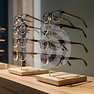 Image Luxury eyeglasses line the opticians store display stand photo