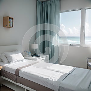 Luxury hospital room with beach and sea view in medical tourism concept ing of home interior for self-isolation quarantine from