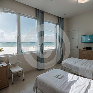 Luxury hospital room with beach and sea view in medical tourism concept ing of home interior for self-isolation quarantine from