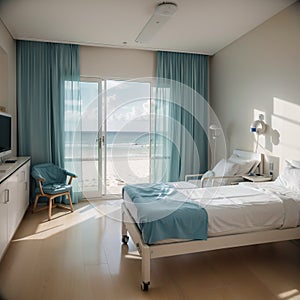 Luxury hospital room with beach and sea view in medical tourism concept ing of home interior for self-isolation quarantine from