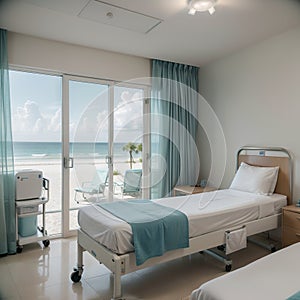 Luxury hospital room with beach and sea view in medical tourism concept ing of home interior for self-isolation quarantine from