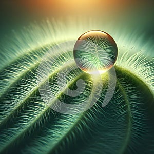 image of a macro photograph of a dewdrop on a petal leafs, using a centered composition and soft light.