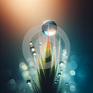 image of a macro photograph of a dewdrop on a petal leafs, using a centered composition and soft light.