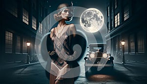 An image of a mafioso woman from the twenties standing in front of a classic car in the moonlight.