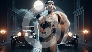 An image of a mafioso woman from the twenties standing in front of a classic car in the moonlight.