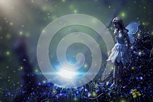 image of magical little fairy in the night forest.