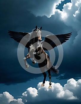 Image of the magnificent Greek mythological divine winged horse named Pegasus flying in the clouds