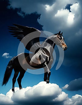 Image of the magnificent Greek mythological divine winged horse named Pegasus flying in the clouds