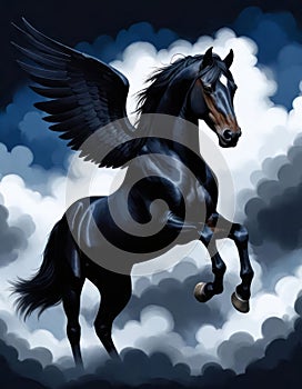 Image of the magnificent Greek mythological divine winged horse named Pegasus flying in the clouds