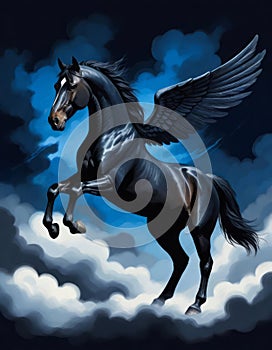 Image of the magnificent Greek mythological divine winged horse named Pegasus flying in the clouds