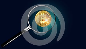 Image of a magnifying glass and bitcoins looking at the idea of mining bitcoins, buying more, or collecting and searching for them