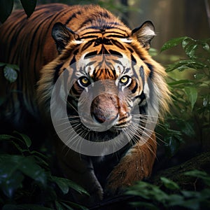 image of a majestic Bengal tiger prowling through a dense jungle, its intense gaze fixed on its prey by AI generated