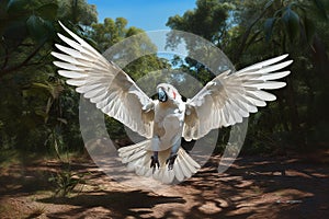 Image of a majestic cockatoo flying in the forest, Bird, Wildlife Animals., Generative AI, Illustration