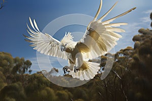 Image of a majestic cockatoo flying in the forest, Bird, Wildlife Animals., Generative AI, Illustration