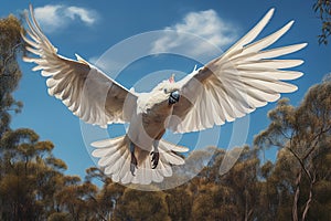 Image of a majestic cockatoo flying in the forest, Bird, Wildlife Animals., Generative AI, Illustration