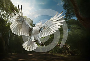 Image of a majestic cockatoo flying in the forest, Bird, Wildlife Animals., Generative AI, Illustration