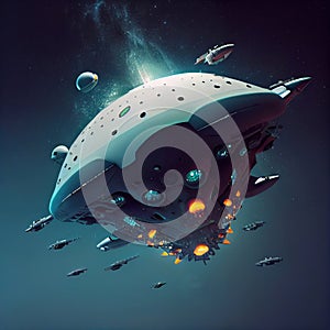 Galactic Command: A Futuristic Carrier Spaceship and Interceptors Displaying in Outer Space photo