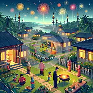 image of Malay folks celebrating Hari Raya Aidilfitri in their respective home environments.