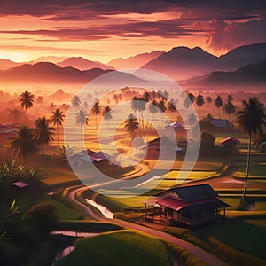 image of Malay village houses along the paddy field with beautiful distance views.