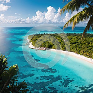 Maldives paradise background. Tropical aerial landscape, seascape with long pier, water villas, amazing sea