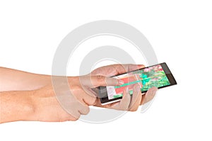 image of male hand is holding a modern touch screen smart phone