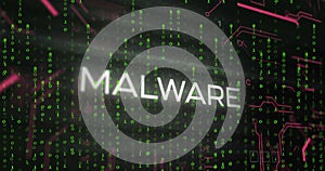 Image of malware text and binary coding processing over computer motherboard