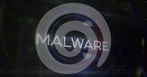 Image of malware text and data processing over computer motherboard