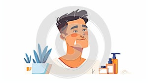 An image of a man, face skincare routine. A man applying moisturizing serum for morning hygiene. A woman applying