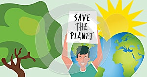 Image of man holding board with save the planet text over heart shaped earth and sun